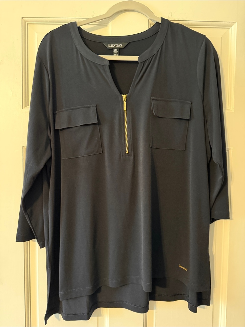 Ellen Tracy Dark Navy Zip-Front Tunic with Patch Pockets